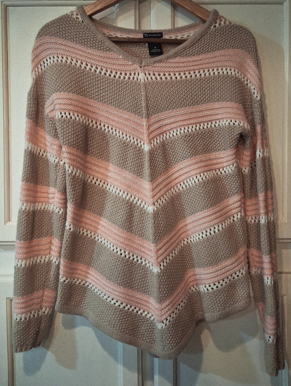 New Directions Women's Striped Knit Crew Neck Pullover Sweater M Pink Beige